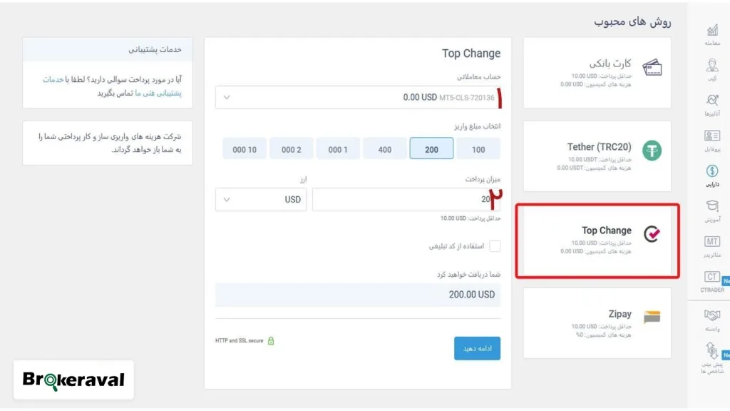 واریز و برداشت از طریق تاپ چنج در بروکر لایت فایننس